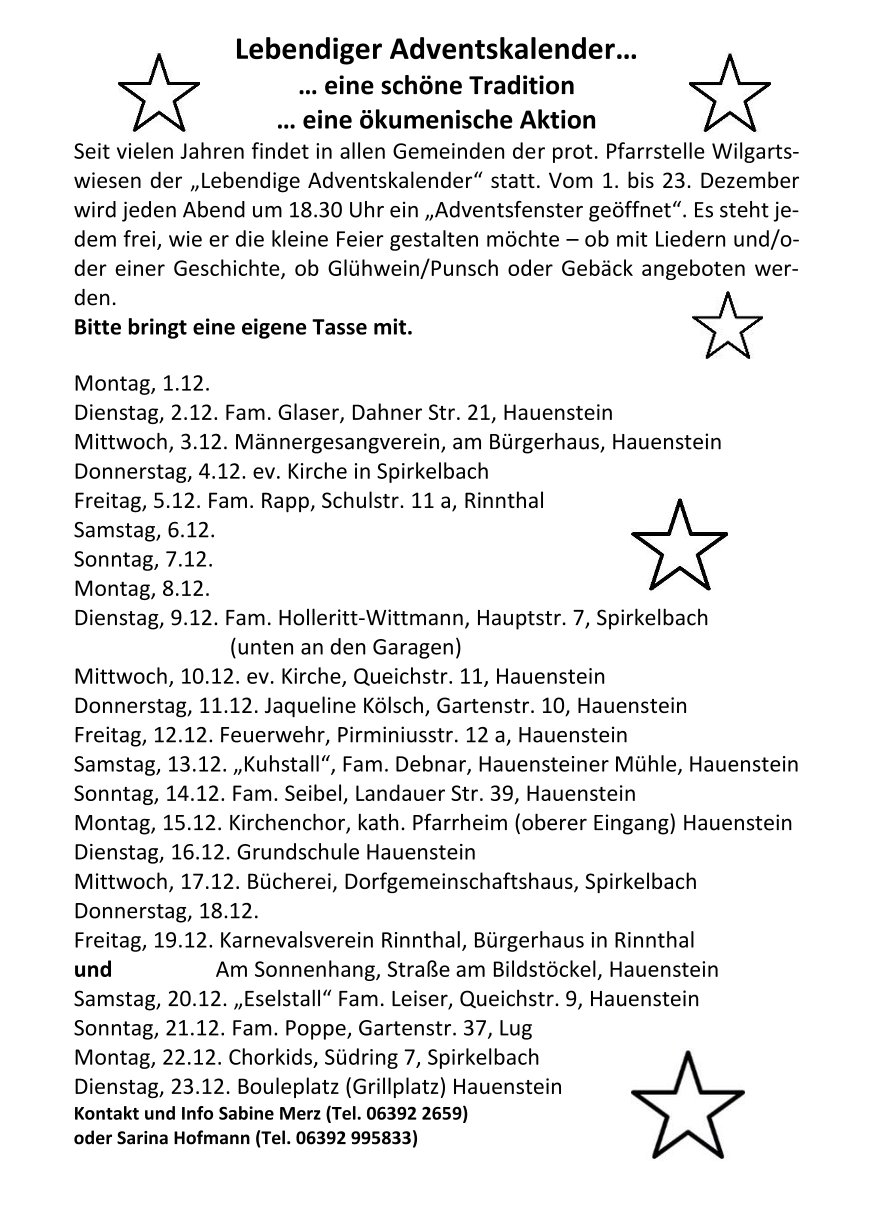 Termine Adventsfenster 2025 Wilgartswiesen 1